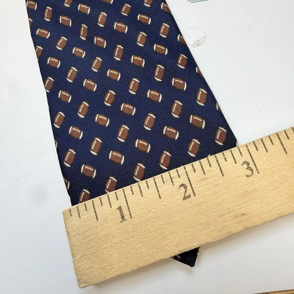 Class Club Boys Navy Blue W/Brown Football Print 100% Silk Zipper Neck Tie New